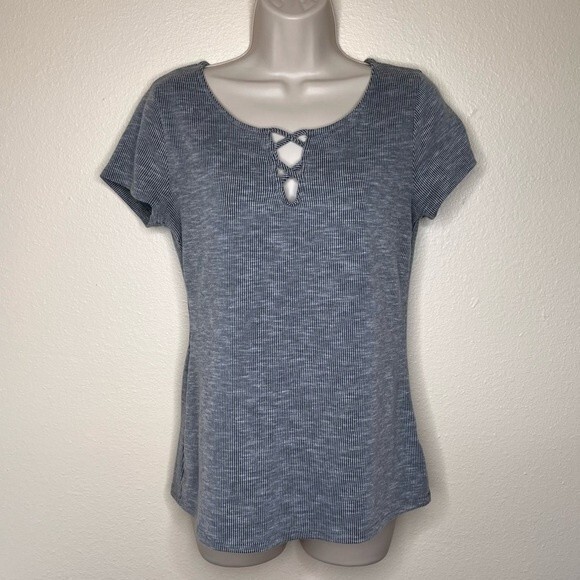 Modcloth Crisscross Notch Ribbed Tee Shirt Black White Stripe Women Medium Gray - Picture 11 of 11